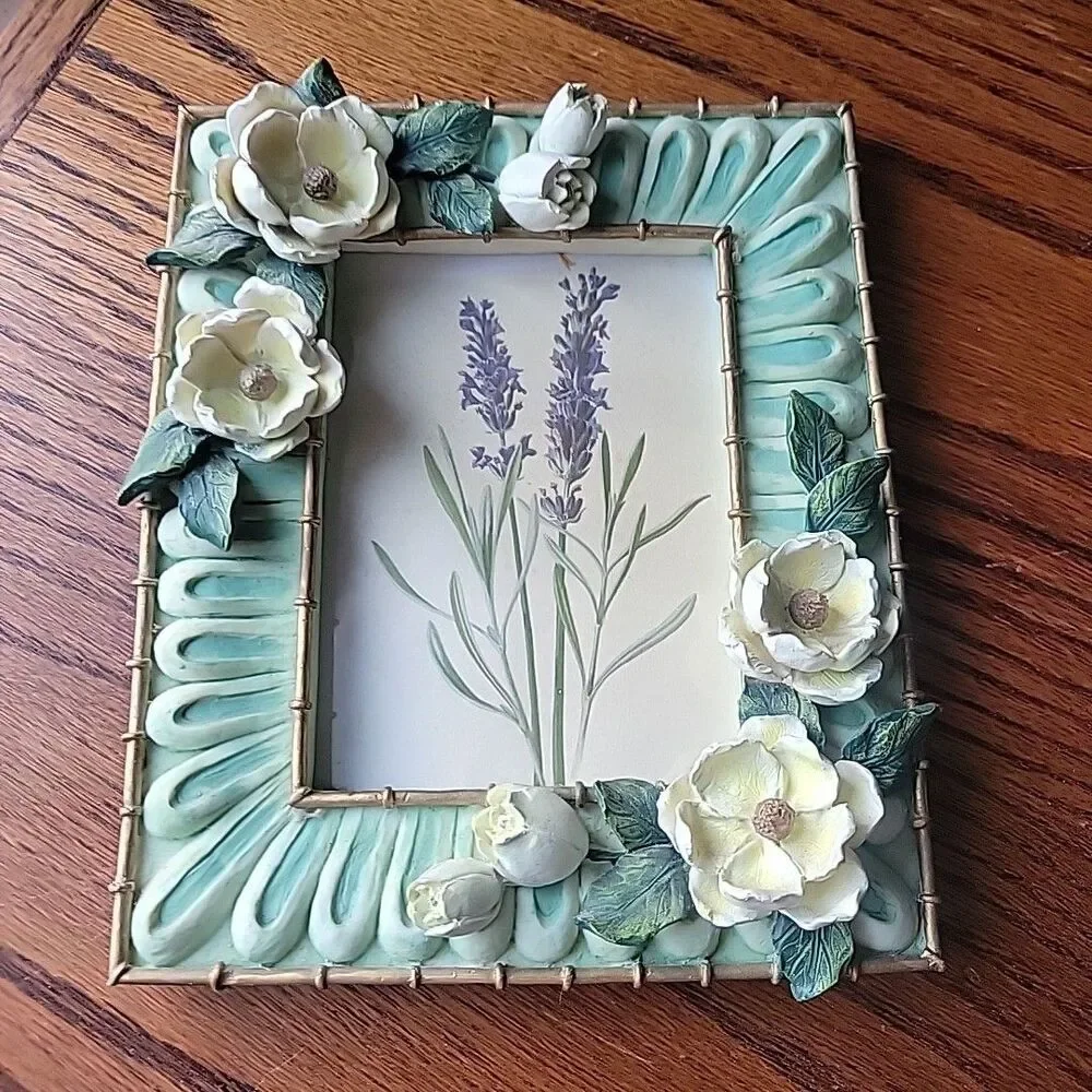 Vtg Ganz 3D Mint Green photo frame Magnolia Flowers Resin Rare Green Academia